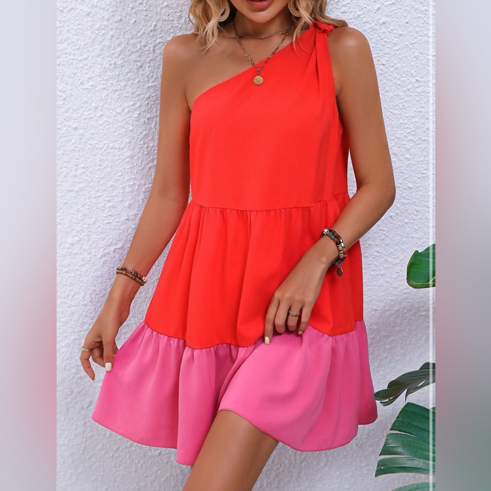 One-Shoulder Colorblock Mini Dress - Red & Pink